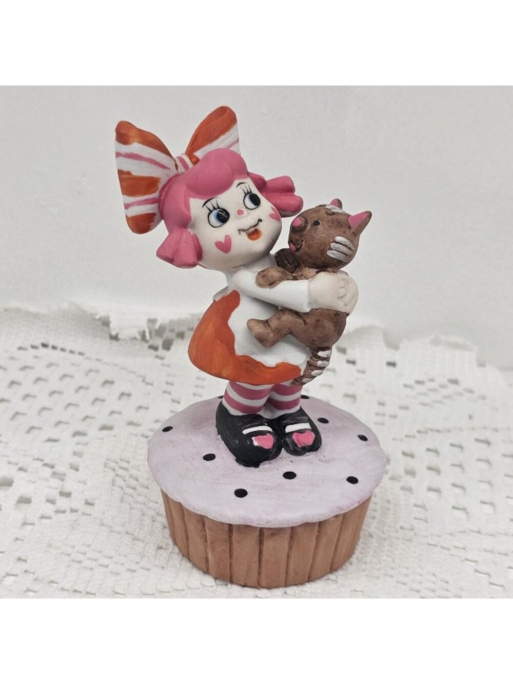 Vintage 80s Sugar & Spice Porcelain Figurine Girl Cupcake Cat Ideal Toy Rare